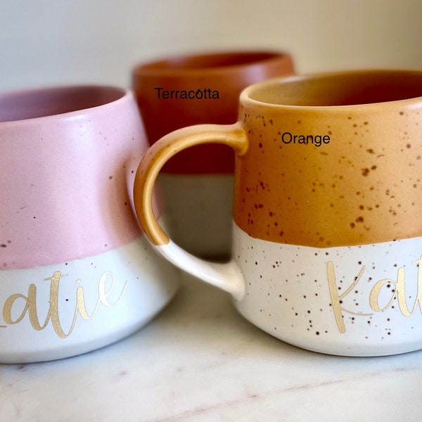 Personalised Two-Tone Belly Mug. Colour Choice of Terracotta, Dusty Pink or a Dirty Orange with Name of your Choice in a Gold or Black Text.