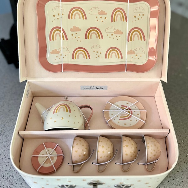 Children’s Tea Set in a Personalised Case. Includes 4 x Cups & Saucers, 4 Small Plates, a Teapot and a Tray. With a Rainbow and Star Design.