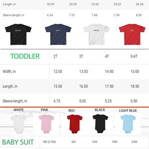 May include: Size and color charts for youth, toddler, and baby clothing. The charts show the width, length, and sleeve length in inches for different sizes and colors. The colors include black, navy, white, red, pink, and light blue.