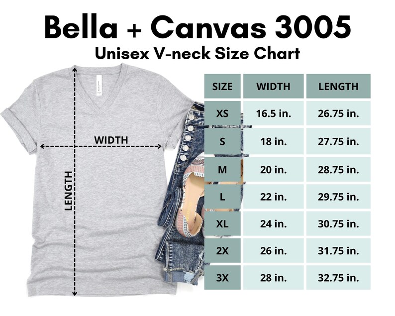 May include: A gray Bella + Canvas 3005 unisex V-neck t-shirt size chart with measurements in inches. The chart shows the width and length of the shirt in sizes XS, S, M, L, XL, 2X, and 3X.