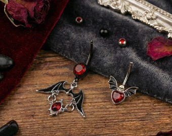 Bat Wing Dangle Belly Button Ring: Gothic Heart Navel Piercing