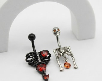 Piercing all'ombelico con scheletro gotico, piercing all'ombelico pendente, piercing all'ombelico con gabbia toracica a forma di cuore rosso per Halloween, regalo di gioielli per il corpo gotici