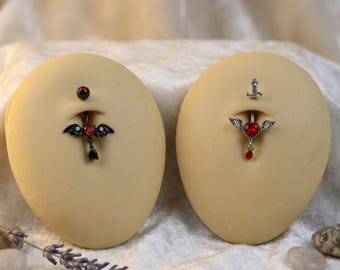 sword belly button ring, Gothic Bat Wing Heart Belly Button Ring, Black Red Crystal Navel Piercing, Vampire Style Belly Piercing Jewelry