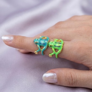 Könnte beinhalten: Zwei froschförmige Ringe. Ein Ring ist hellblau mit einem Karomuster, der andere ist grün mit schwarzen Streifen. Beide Ringe haben goldfarbene Details und werden an einem Finger getragen.
