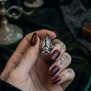 May include: A silver ring with an insect motif. The ring has a detailed design, with wing-like elements and a central body. The ring is displayed against a dark green backdrop, highlighting the intricate details and overall aesthetic.