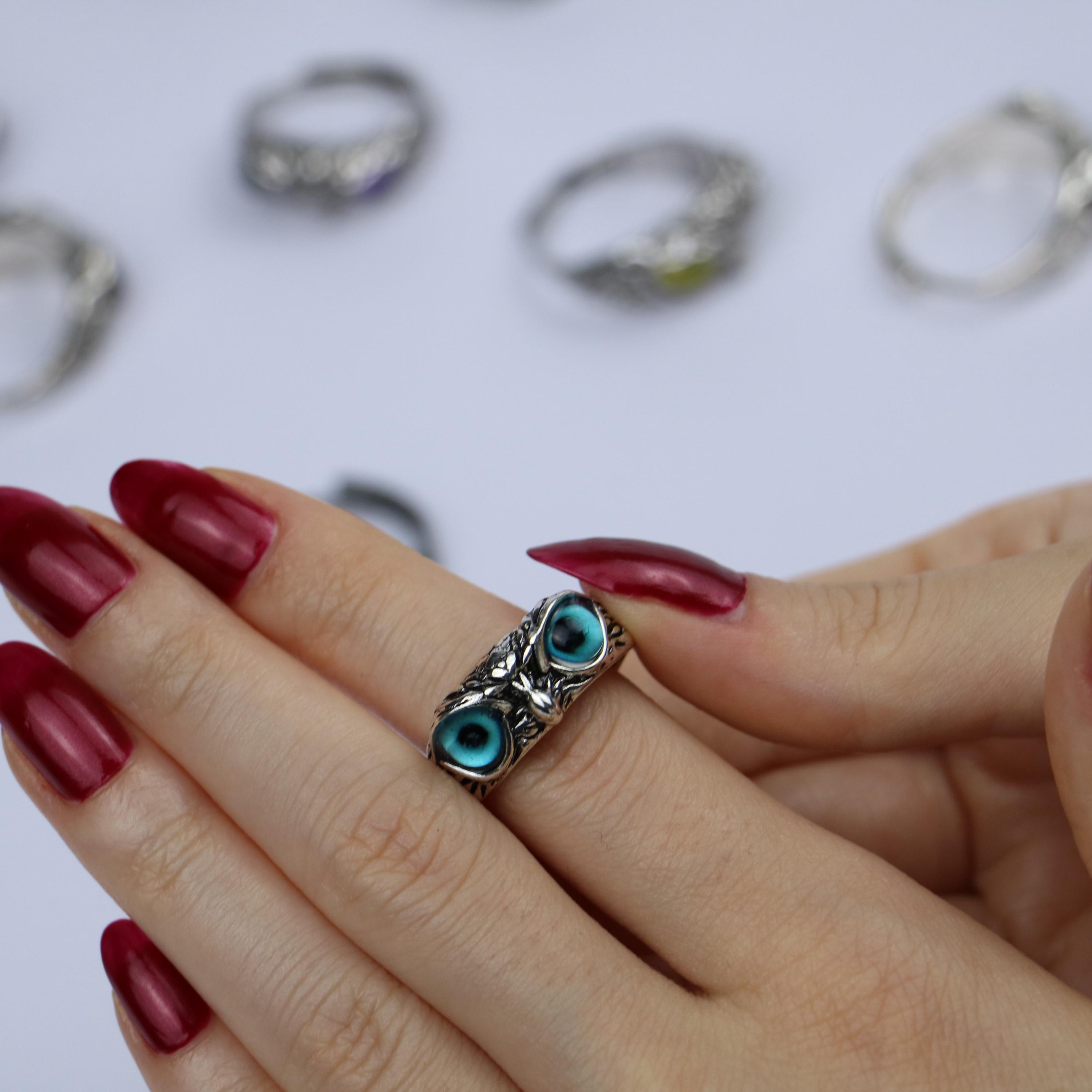 Blue-Eyed Owl Ring: Gothic Forest Animal Jewelry