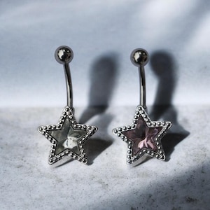 Pink Stone Silver Star Belly Piercing, Star Belly Bar, Belly Ring, Belly Gift, Gift for Star Lovers, Y2K Jewelry
