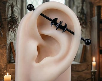 Gothic Bat Industrial Barbell Piercing, Black Vampire Bat Wing Industrial Earrings, Goth Industrial Ear Jewelry, unisex piercing jewelry.