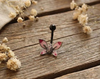Piercing all'ombelico a forma di farfalla scheletro rosa, piercing all'ombelico gotico, piercing all'ombelico gotico, gioielli di moda Y2K, gioielli per il corpo