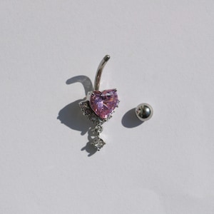 Silver belly piercing with a pink heart-shaped stone, dangling belly piercing, belly ring, belly jewelry