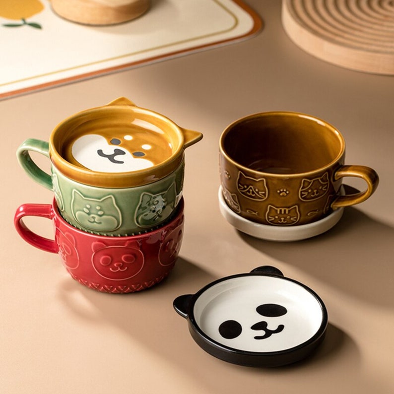 Ceramic Animal Mug With Lid Cute Cat Cup With Saucer Glazed Etsy