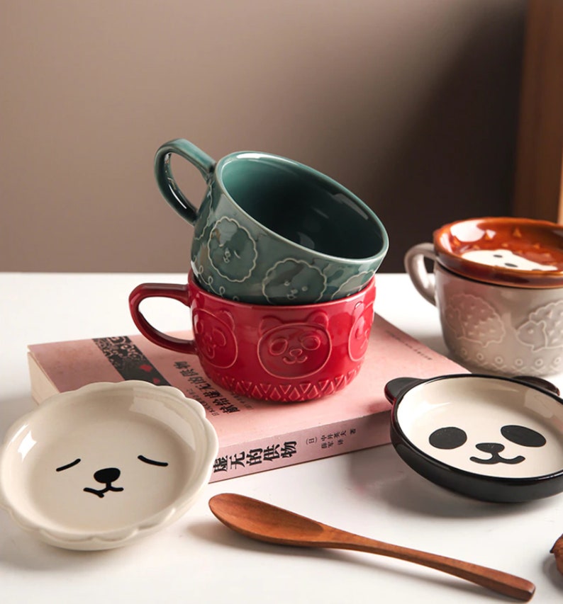 Ceramic Animal Mug With Lid Cute Cat Cup With Saucer Glazed Etsy