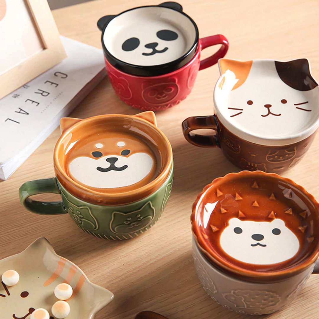 Ceramic Animal Mug With Lid Cute Cat Cup With Saucer Glazed Etsy