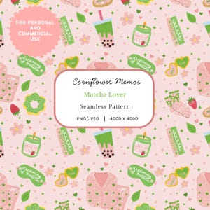 Könnte beinhalten: Ein nahtloses Muster auf hellrosa Hintergrund mit Illustrationen von Matcha-Bubble-Tea, Kerzen, Schlafanzügen, Socken, Donuts, Erdbeeren und grünen herzförmigen Anhängern mit dem Text dreaming of matcha und Cornflower Memos.