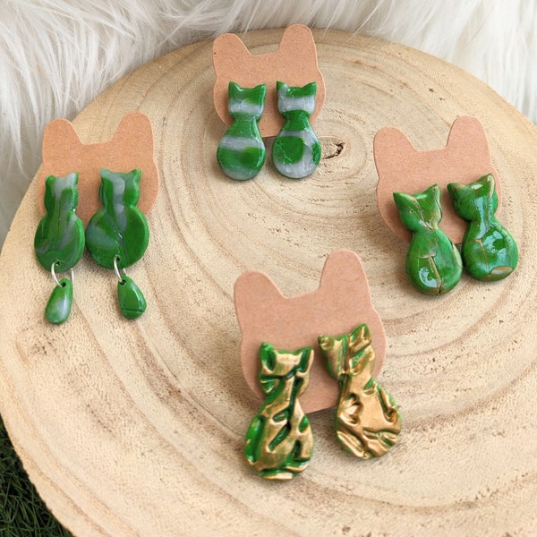 Boucles d’oreilles Collection Vert| Bijoux Chat en pâte polymère | fait-main et artisanal | fimo | Couleur | Mot | Idée de Cadeau