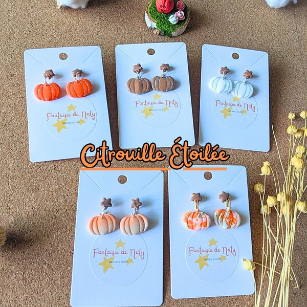 Boucles d’oreilles Citrouille étoilée | Bijoux pâte polymère | fait-main et artisanal | fimo | orange | Halloween | Cadeau | Automne