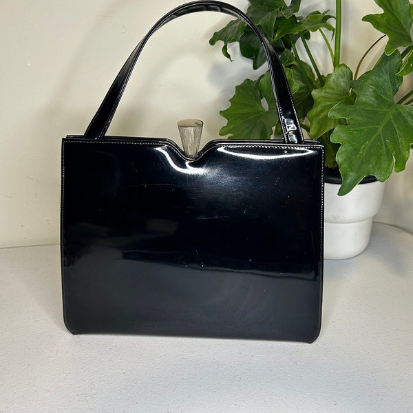 1960's Shiny Black Patent Vinyl Structured "Tarkor"  Handbag Purse