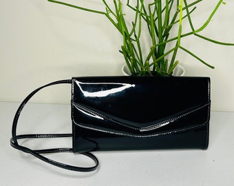 1980's 90's Shiny Black Patent Vinyl Clutch Handbag Purse