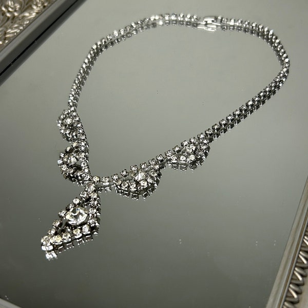 60's Elegant Vintage Signed Continental Clear Rhinestone Silver Toned Necklace Choker