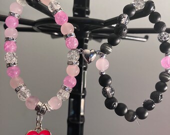 Paare Armband | Rosa&Weiß | Schwarz | Besondere Anlässe | Valentinstag | 8mm Glasperlen