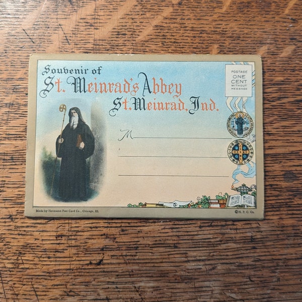 Saint Meinrad's Abbey Indiana Church Souvenir Folder Postcard 1940's, Vintage Junk Journal Art