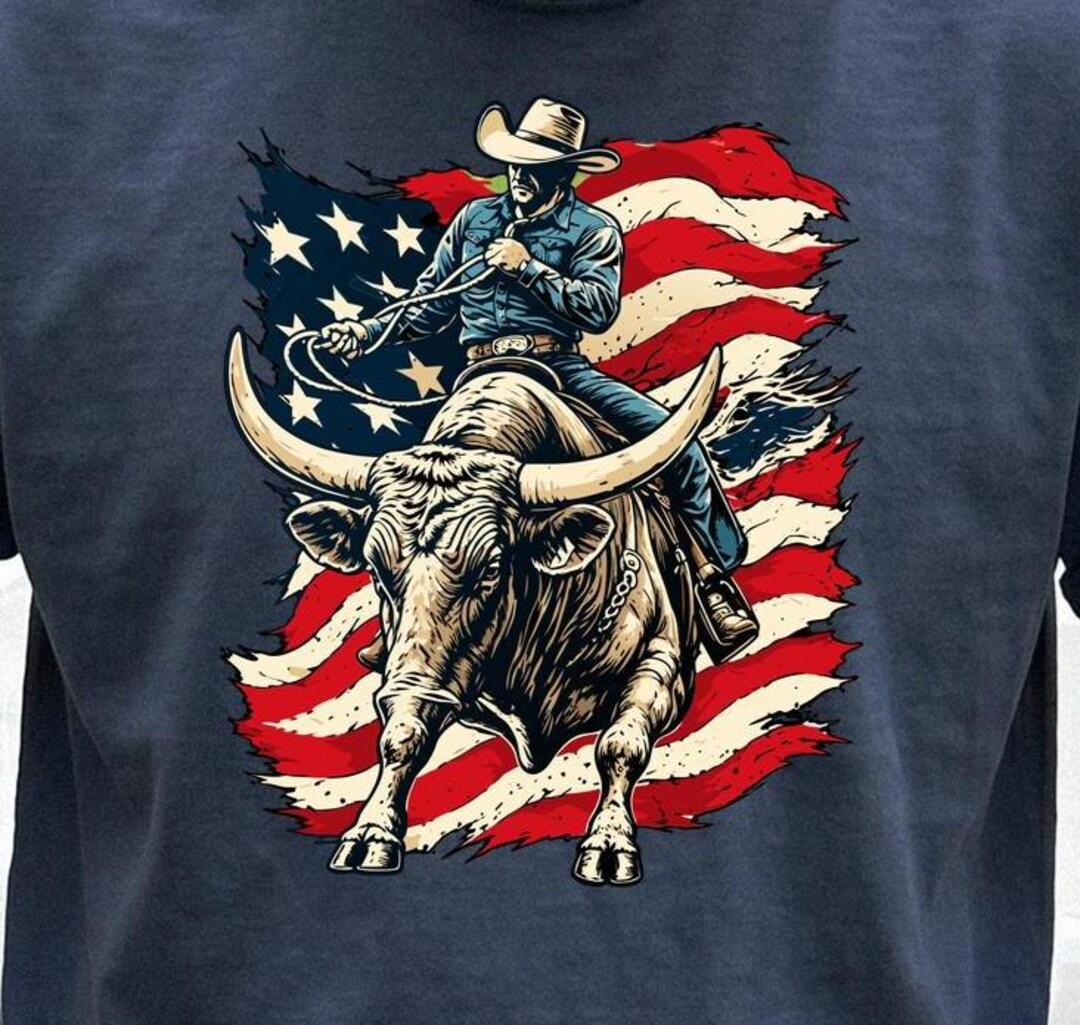 American Flag Bull Rider Tee, Vintage Rodeo Cowboy Shirt, Patriotic ...