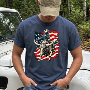 American Flag Bull Rider Tee, Vintage Rodeo Cowboy Shirt, Patriotic ...