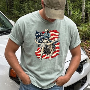 American Flag Bull Rider Tee, Vintage Rodeo Cowboy Shirt, Patriotic ...