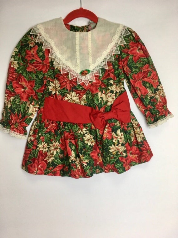 Vintage 1980s Allison Ann Christmas Dress w/Lace Collar and Ribbons Size 2T