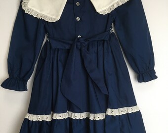 Vintage 1970s Polly Flinders Hand Smocked Dress W/ Sailor Collar
