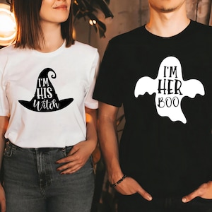 Halloween Couple Shirts, I&#39;m His Witch and I&#39;m Her Boo Matching T-Shirts, Cute Spooky Season Outfit for Couples or Friends