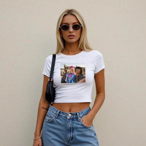 Retro Style Friends Photo Print Baby Tee, Aesthetic Graphic Cropped Crop Top, Cute Vintage Vibe Tee for Women, Cozy Gift For Her