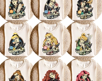 Tattoo Disney Princess Shirt, Punk Style Belle Ariel Tiana Jasmine Tee for Squad, Couples or Gifts, Disneybound Graphic T-Shirt