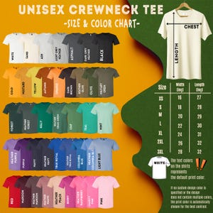 The image is a color chart for a crew neck t-shirt, displaying various color options and corresponding sizes.