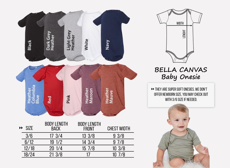 May include: A size chart for Bella Canvas baby onesies in various colours, including black, red, pink, heather maroon, heather mauve, heather columbia blue, dark grey heather, light grey heather, white, and navy. The chart shows the body length, back and front, and chest width in inches for sizes 3/6, 6/12, 12/18, and 18/24. The text "Bella Canvas Baby Onesie" is displayed above the chart. The text "They are super soft onesies. We don't offer newborn size. You may check out with 3/6 size if needed." is displayed below the chart.