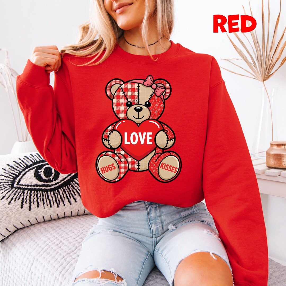 Teddy Bear Sweatshirt, Valentine Hugs and Kisses Hoodie, Quilted Love ...