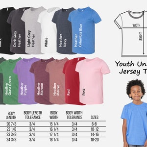 May include: A size chart for youth unisex jersey t-shirts in various colours, including black, dark grey, light grey, white, navy, Columbia blue, heather forest, heather grass green, heather purple, heather maroon, heather mauve, red, and pink. The chart shows body length, body length tolerance, body width, body width tolerance, and sizes ranging from 6-8 to 18-20.
