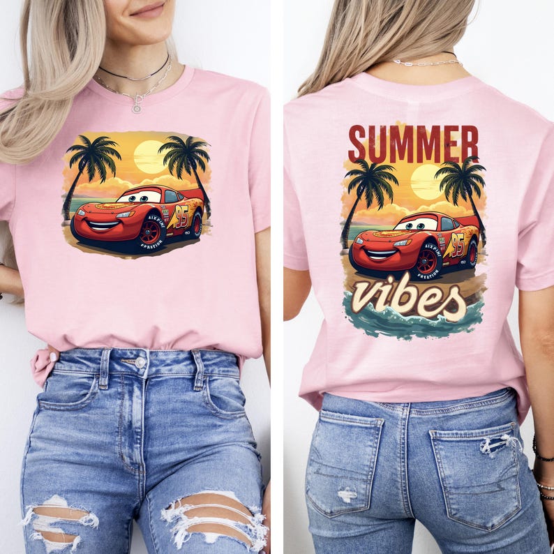 Gray t-shirt with Lightning McQueen in front of sunset and palm trees, back print says “Summer Vibes.” Perfect Pixar Cars beach shirt for vacations and summer fun.