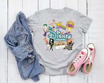 Disney Channel Vintage Characters Shirt, Retro 2000s Nostalgia Graphic Sweatshirt, Phineas Ferb Kim Possible Suite Life Hannah Montana Top