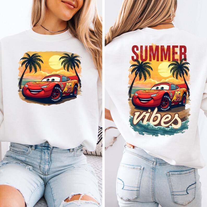 Gray t-shirt with Lightning McQueen in front of sunset and palm trees, back print says “Summer Vibes.” Perfect Pixar Cars beach shirt for vacations and summer fun.