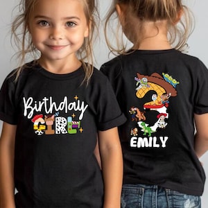 Toy-Inspired Birthday Girl Shirt – Custom Name & Age Tee for Toddler Girl, Cowgirl Birthday Outfit with Characters, Personalized Party Top
