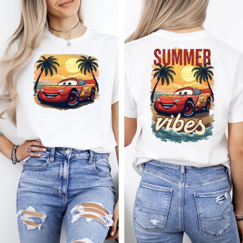 Gray t-shirt with Lightning McQueen in front of sunset and palm trees, back print says “Summer Vibes.” Perfect Pixar Cars beach shirt for vacations and summer fun.