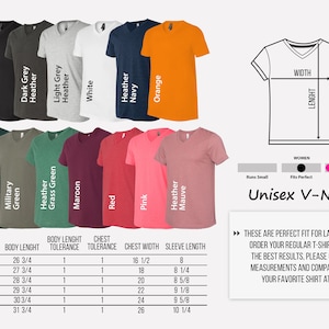May include: A size chart for unisex V-neck t-shirts in a range of colours, including black, dark grey heather, light grey heather, white, heather navy, orange, forest, military green, heather grass green, maroon, red, pink, and heather mauve. The chart provides measurements for body length, chest, chest width, and sleeve length in inches.