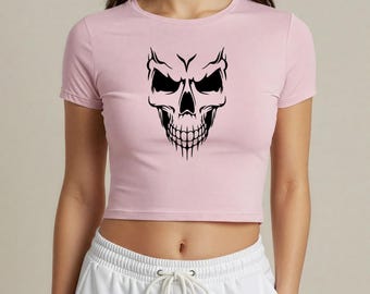 Halloween Skull Crop Top, Gothic Graphic Baby Tee, Spooky Season T-shirt