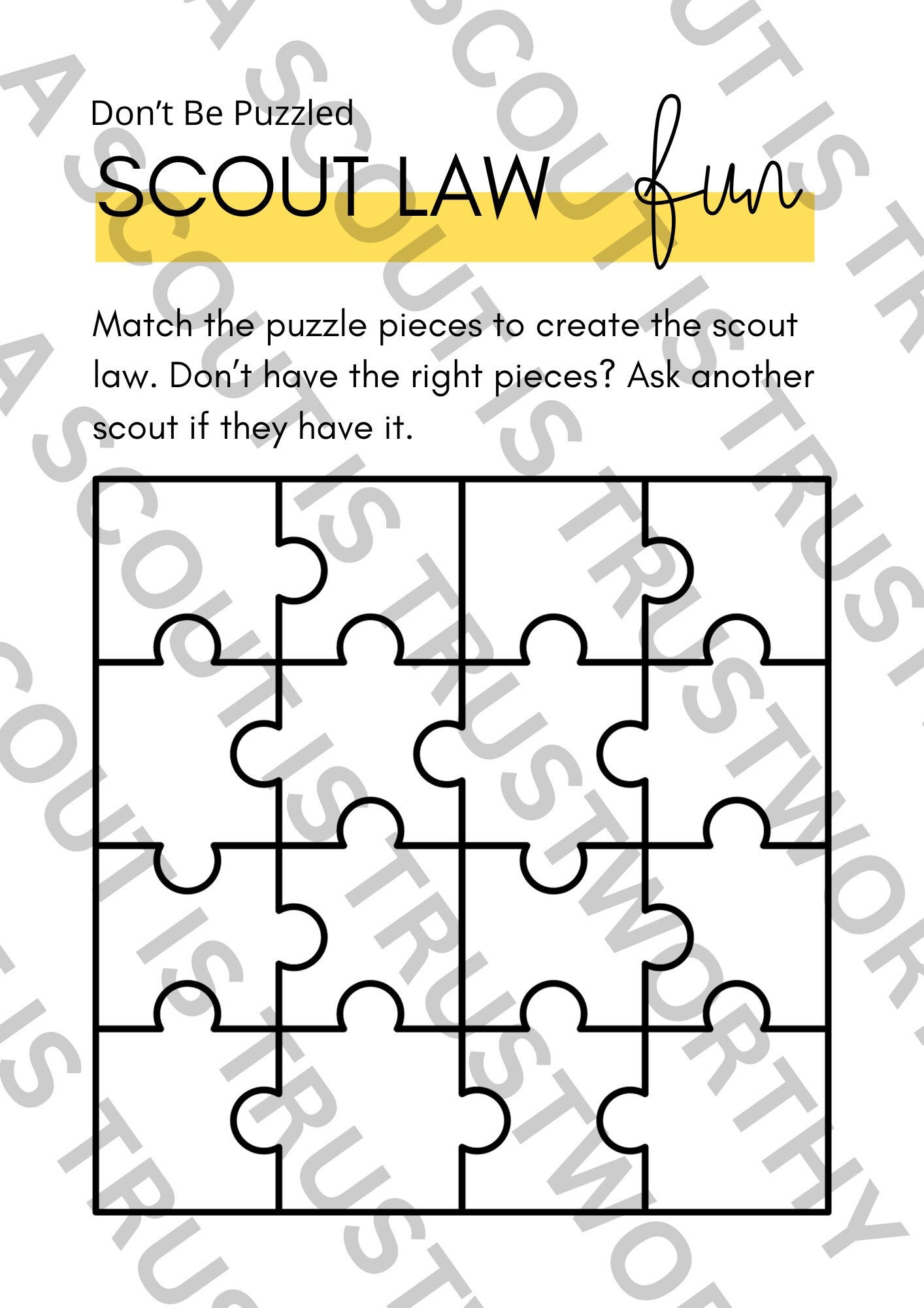 Scout law and oath puzzle worksheet etsy