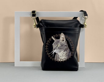Embroidered Pet Portrait Custom Crossbody Bag in soft faux leather