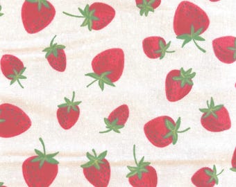 Strawberry Print Cotton Flannel Fabric, Red on Pink (By The Yard)