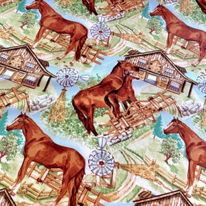 Premium Cotton Fabric | Horse Fabric | Barn and Horse Fabric | 100% Cotton Farm Horse Fabric | Countryside Horse Fabric Sold By The Yard