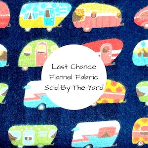 Flannel Fabric | Retro Campers Flannel Fabric | Multi Color Campers on Navy | Girl Flannel Fabric | Clearance Fabric | Sold By The Yard