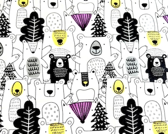 Woodland Bear Flannel Fabric | Forest Animals, Trees | 100% Cotton By-The-Yard